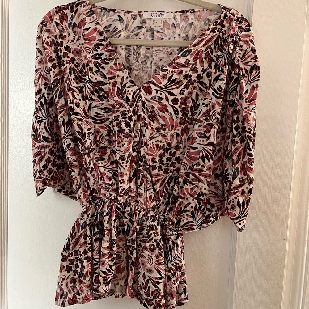 Women's Floral V-Neck Top - Pink and Black